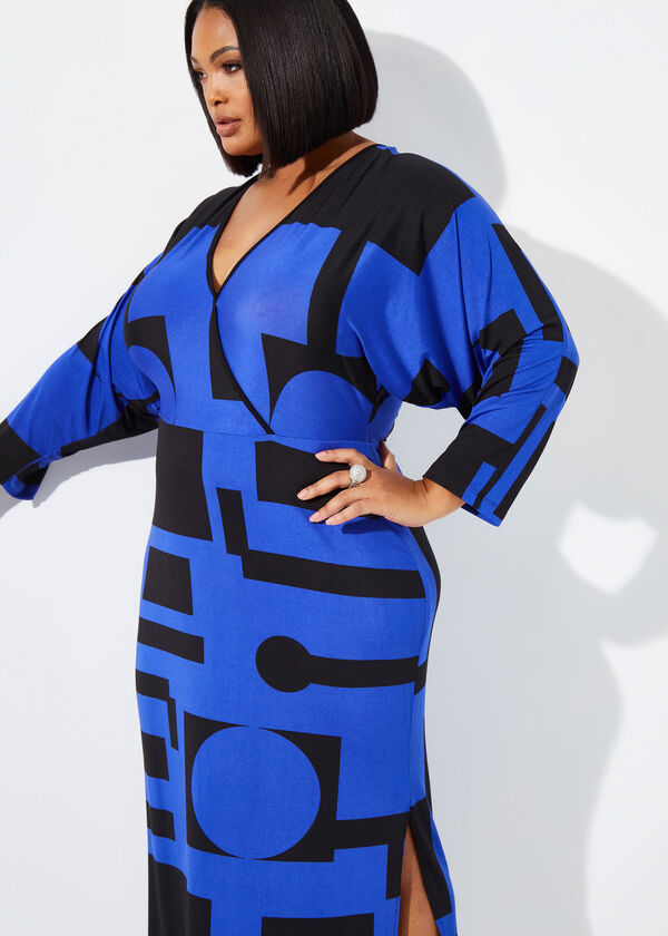Short Printed Faux Wrap Maxi Dress, Bluing image number 2