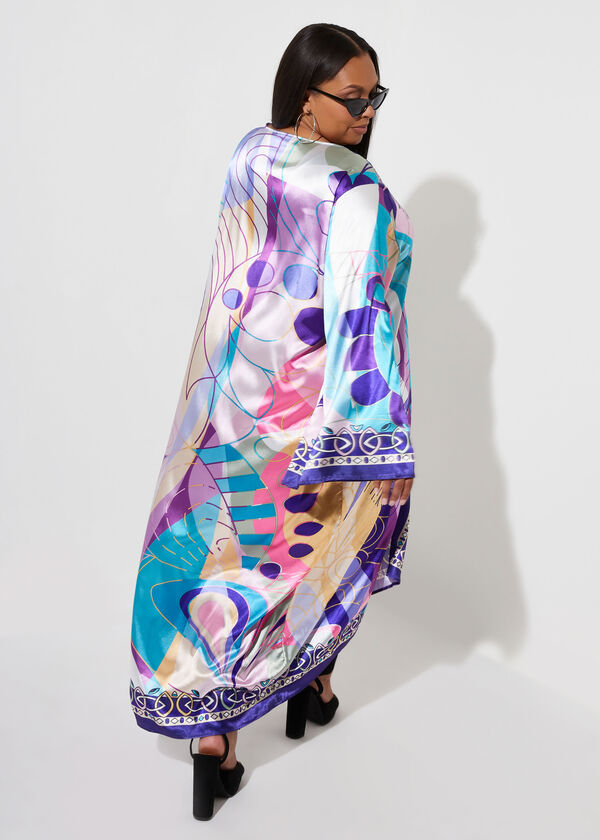Swirl Print Satin Kimono, Purple image number 1