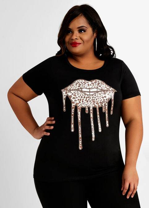 Dripping Cheetah Lips Graphic Tee, Black image number 0