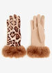 Leopard Faux Fur Trim Tech Gloves, Black image number 0