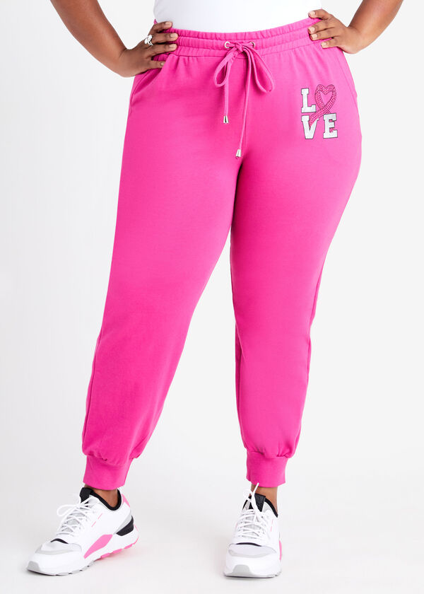 Crystal Embellished Love Printed Joggers, Fuchsia Red image number 0