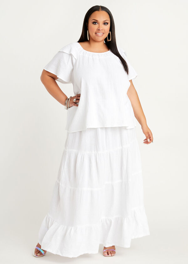 Gauze Drawstring Peasant Maxi Skirt, White image number 2