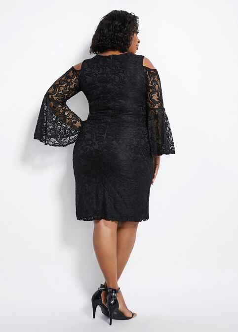 Lace Cold Shoulder Sheath Dress, Black image number 1
