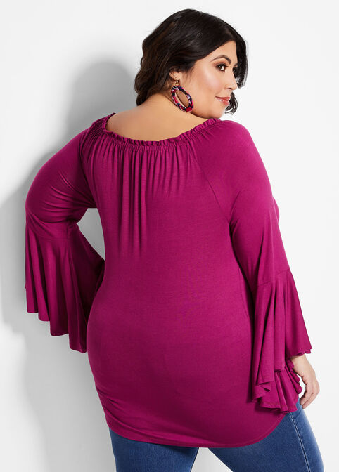 Solid Knit Bell Sleeve Top, Raspberry Radiance image number 1