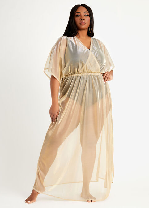 Mesh Wrap Side Slit Cover Up Dress, Gold image number 0