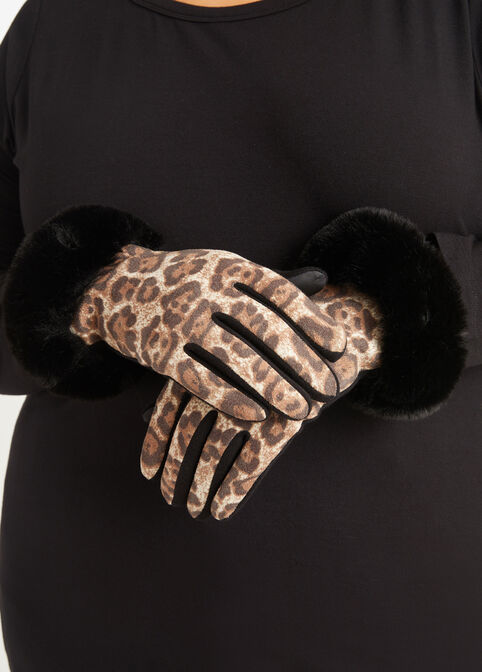 Faux Fur Trimmed Leopard Gloves, Brown Animal image number 1