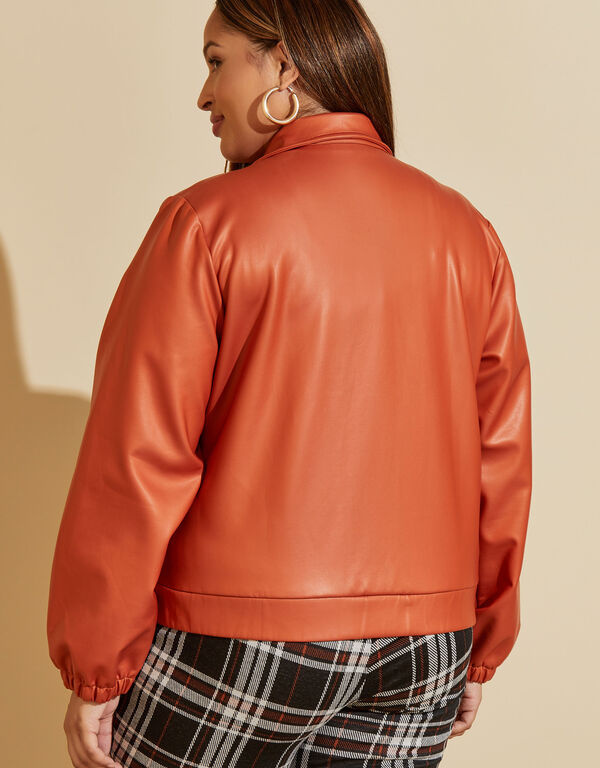 Faux Stretch Leather Bomber Jacket, Bombay Brown image number 1
