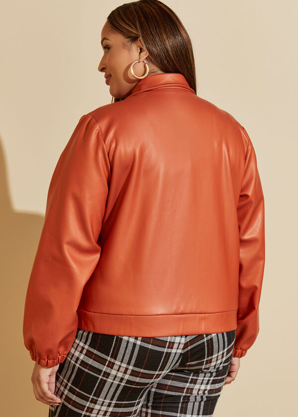 Faux Stretch Leather Bomber Jacket, Bombay Brown image number 1