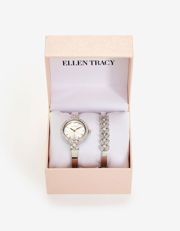 Ellen Tracy Silver Floral Watch Set, Silver image number 1