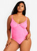 Lace Trim Ruched Thong Bodysuit, Pink image number 0
