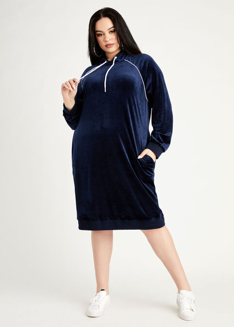 Plus Size Velour Drawstring Active Athleisure Hoodie Sweater Dress image number 0