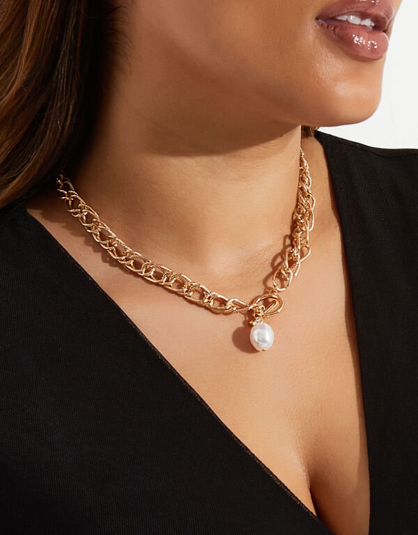 Faux Pearl Chain Link Necklace, Gold image number 0