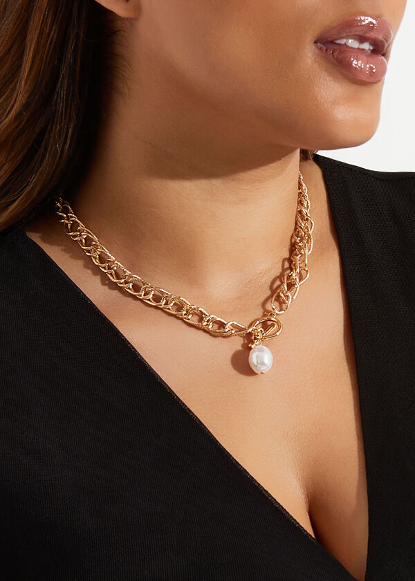 Faux Pearl Chain Link Necklace, Gold image number 0