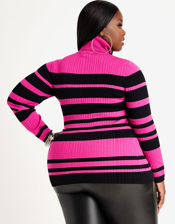 Striped Ribbed Turtleneck Sweater, Fuchsia Red image number 1