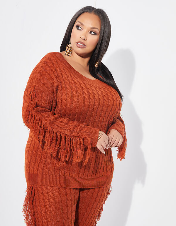 Fringed Cable Knit Sweater, Potters Clay image number 0