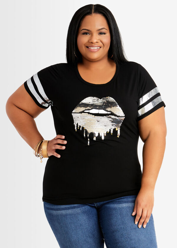 Sequin Dripping Lip Athletic Tee, Black image number 2