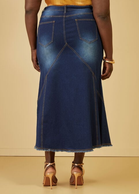 Stitch Detailed Denim Maxi Skirt, Dk Rinse image number 1