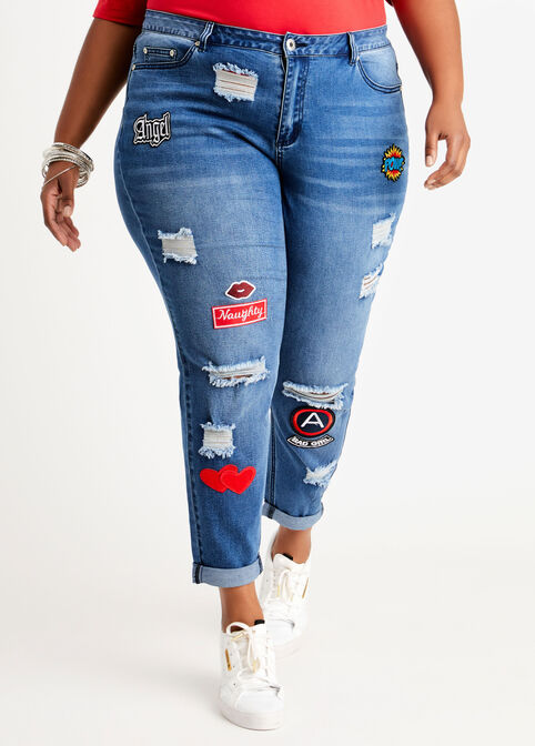 Plus Size Stretch Cotton Denim High Waist Patchwork Distressed Skinny Jeans image number 0
