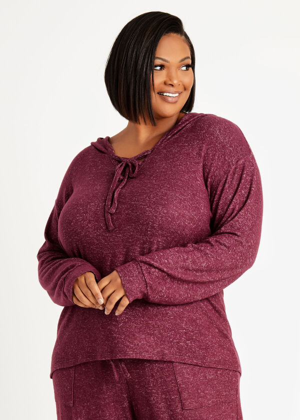 Cozy Lounge Lace Up Knit Hoodie, Burgundy image number 0