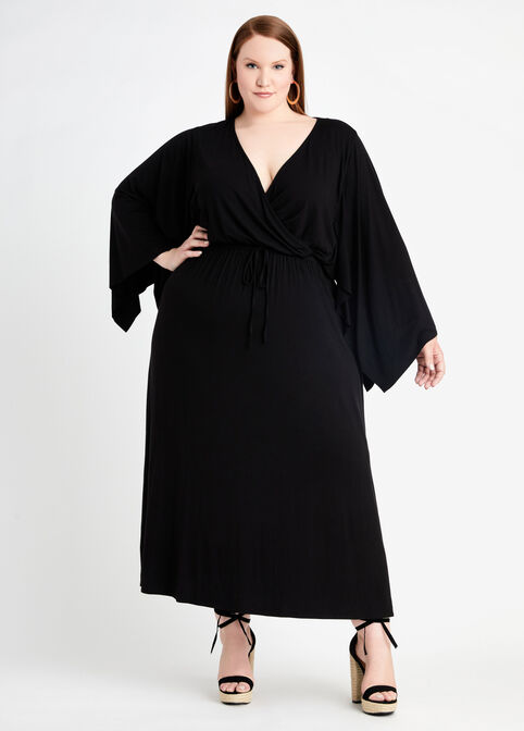 Kimono Tie Waist Wrap Maxi Dress, Black image number 0