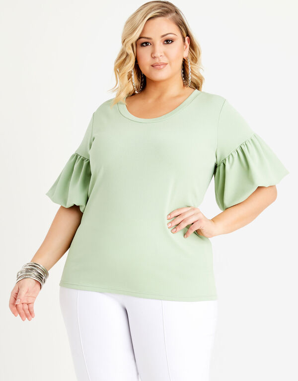 Pique Knit Puff Sleeve Top, Green image number 0