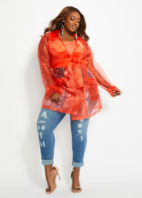 Belted Organza Trench Jacket, Hot Coral image number 3