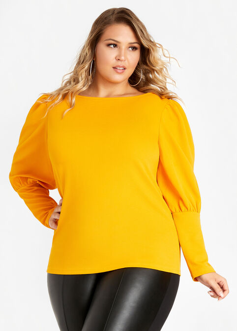 Plus Size Scoop Neck Puff Long Peasant Sleeve Fitted Stretch Knit Top image number 0