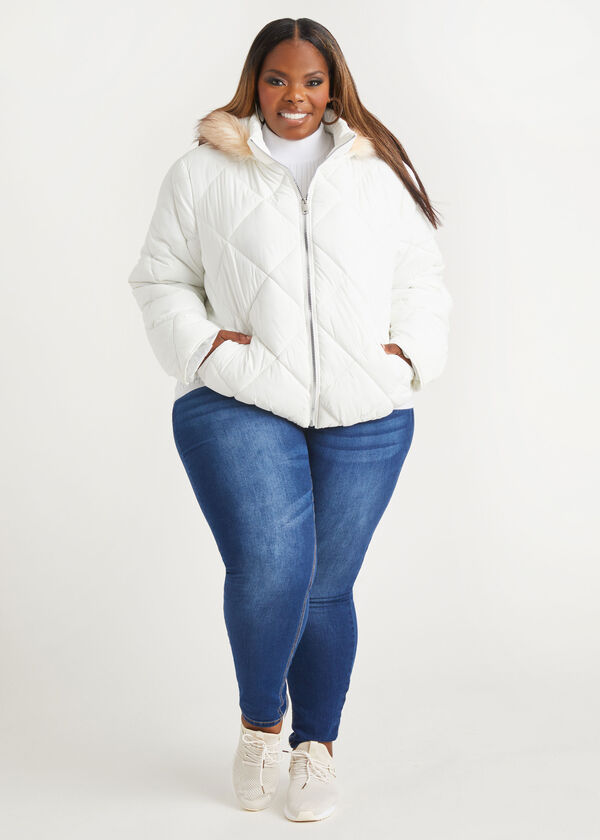 Faux Fur Trimmed Puffer Coat, White image number 3