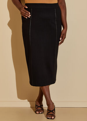 Faux Leather Trimmed Pencil Skirt, Black image number 0