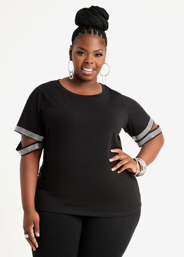 Crystal Cutout Stretch Cotton Tee, Black image number 0