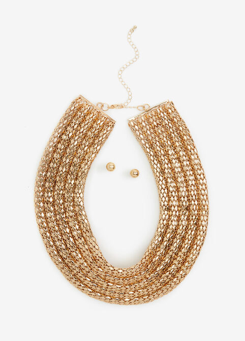 Gold Layer Collar Necklace & Studs, Gold image number 0