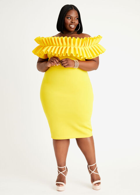 Ruffle Off Shoulder Neoprene Dress, Cyber Yellow image number 0