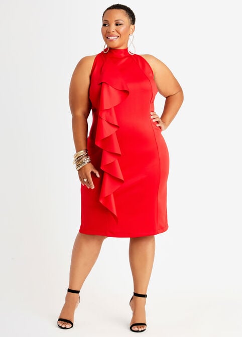 Red Ruffle Halter Bodycon Dress, Barbados Cherry image number 0
