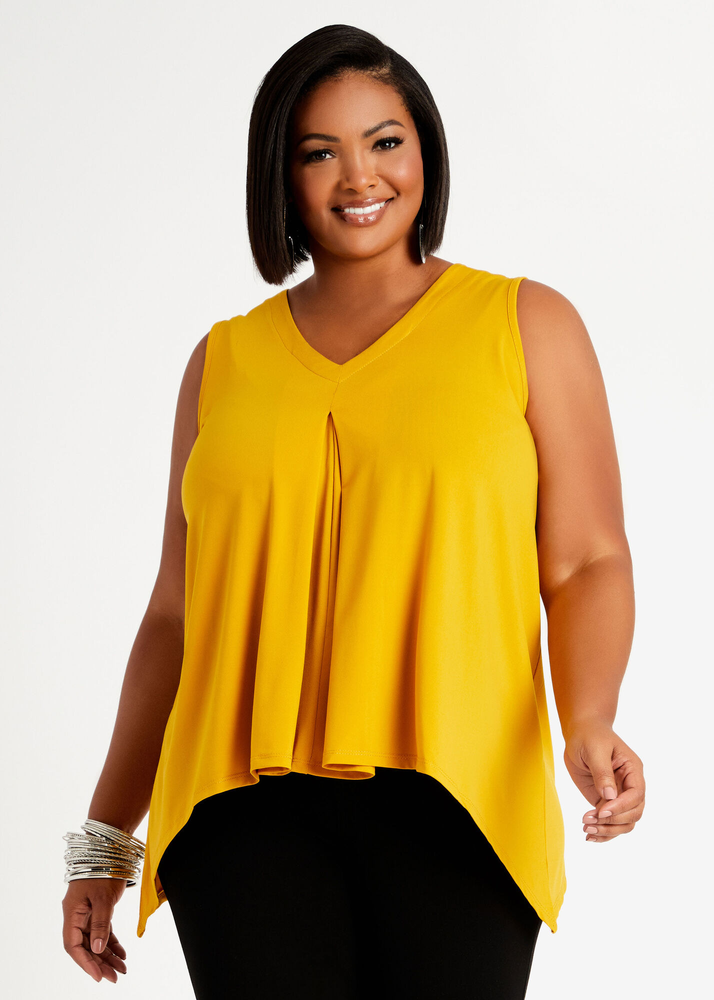 Plus Size V Neck Sleeveless Knit Pleat Front Swing Statement Top