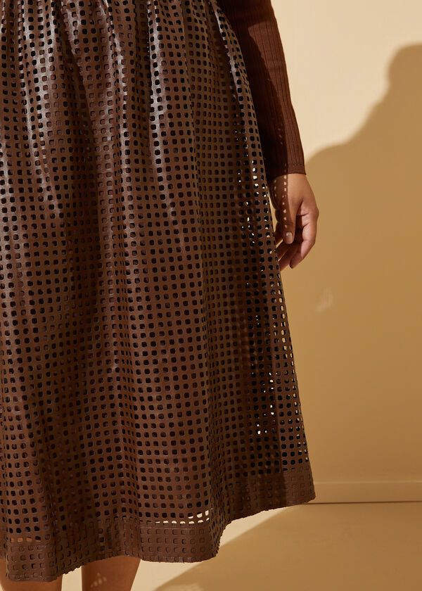 Perforated Faux Leather Midi Skirt, Brown image number 3
