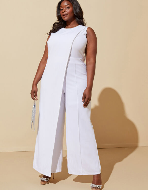 Draped Crystal Trimmed Jumpsuit, White image number 0