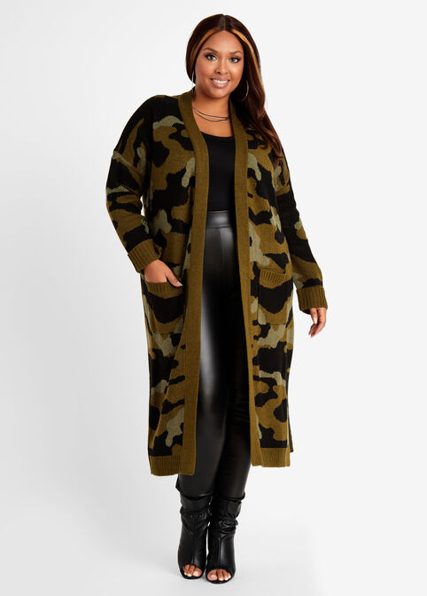 Camo Open Front Duster Cardigan, Olive image number 0