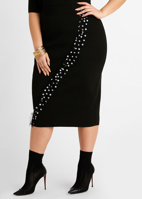 Dot Ruffle Mesh Trim Bodycon Skirt, Black White image number 0