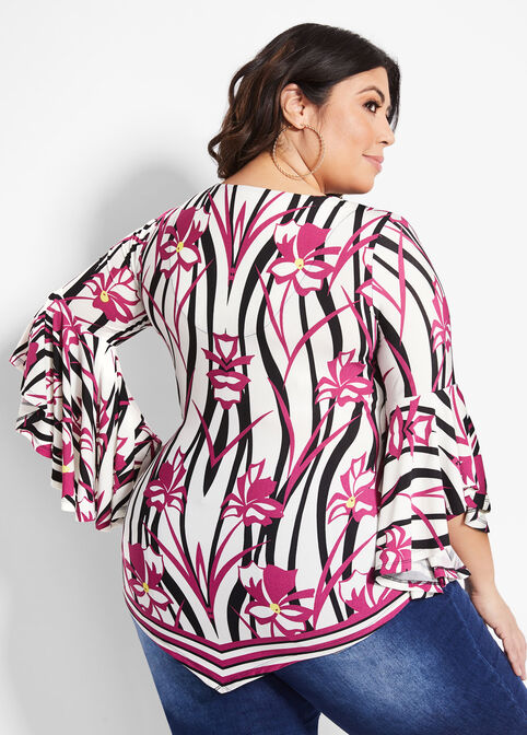 Floral Bell Sleeve Asymmetric Top, Black White image number 1