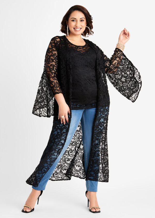 Lace Bell Sleeve Cardigan, Black image number 0