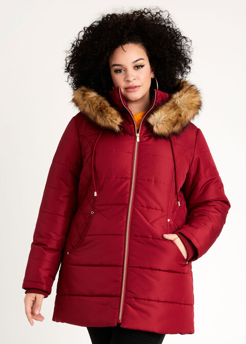 Quilted Faux Fur Trim Hooded Coat, BIKING RED image number 0