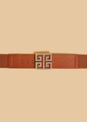 Greek Key Buckle Stretch Belt, Cognac image number 1