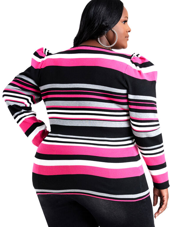 Puffed Sleeve Striped Sweater, Fuchsia Red image number 1