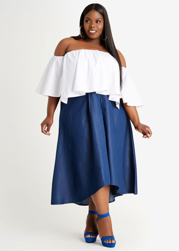 Pleated Hi Low Chambray Midi Skirt, Blue image number 2