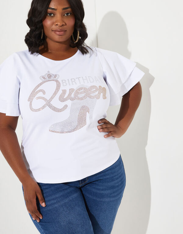 Birthday Queen Embellished Tee, White image number 0
