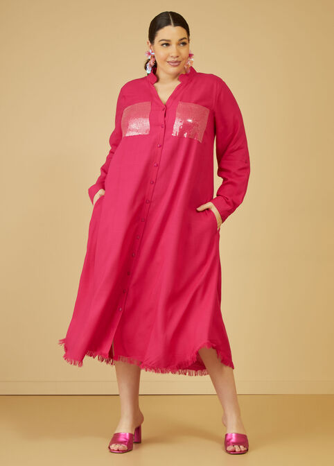 Slub Woven Sequined Shirtdress, Pink Peacock image number 3
