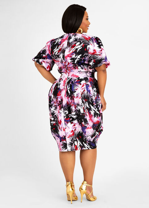Abstract Puff Sleeve Tulip Dress, Multi image number 1