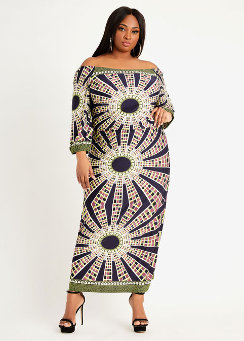 Abstract Off The Shoulder Maxi, Green image number 0