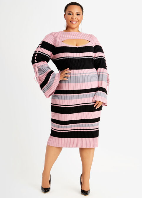 Plus Size Sexy Knitwear Keyhole Stripe Bodycon Rib Knit Sweater Dress image number 0