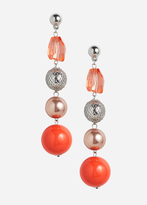 Silver Chunky Bead Drop Earrings, Hot Coral image number 0